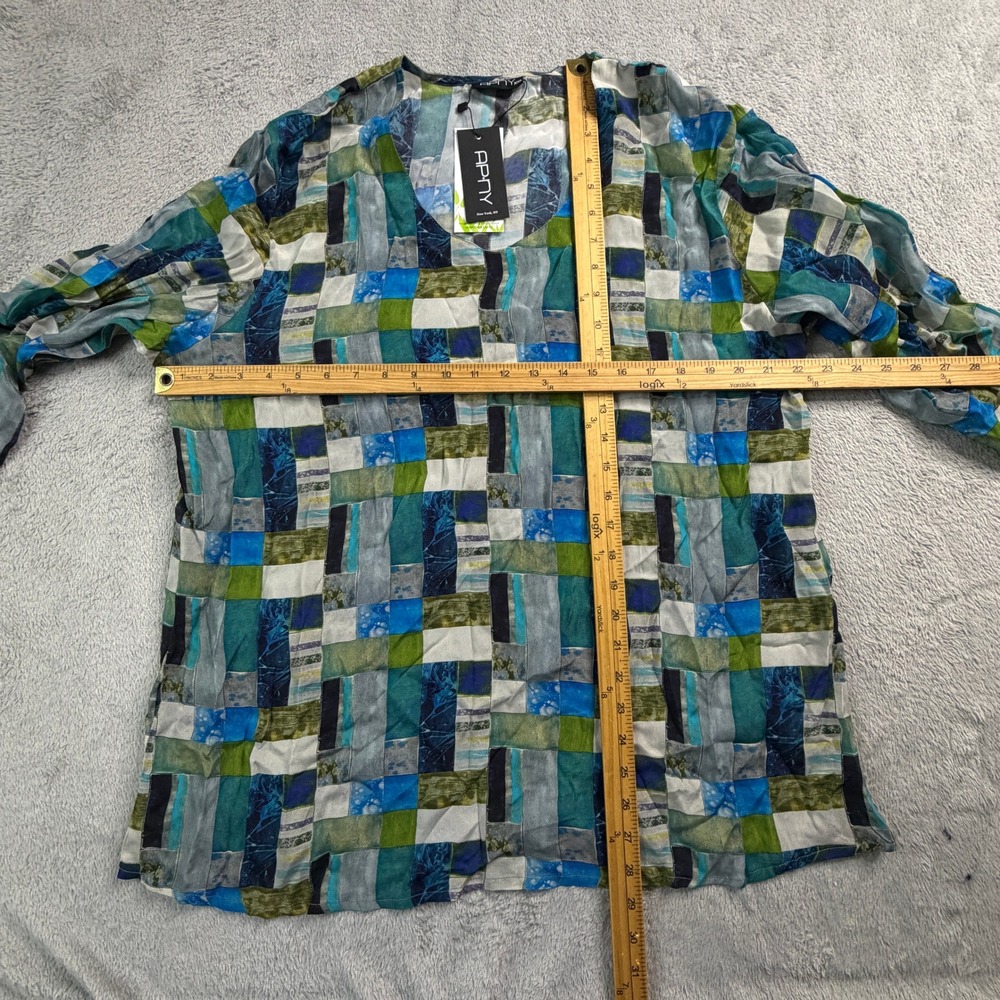 NWT APNY XXL Blue Green Mix Print V Neck Top 3/4 Sleeve Cupro Viscose - Picture 9 of 9